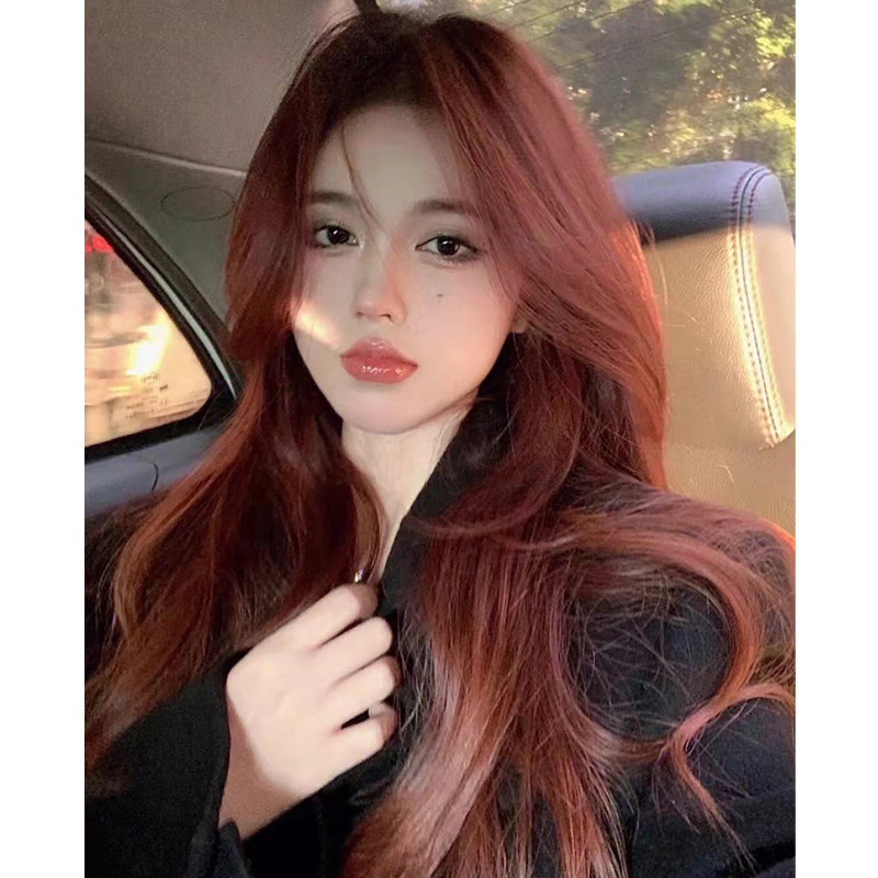 Xingcheng wig women's long hair with eight-character bangs fashion raspberry red long curly hair big wave white full head cover