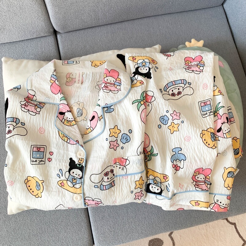 日系格子helloKitty睡衣女款春秋夏季纯棉长袖可爱开衫棉纱家居服|undefined