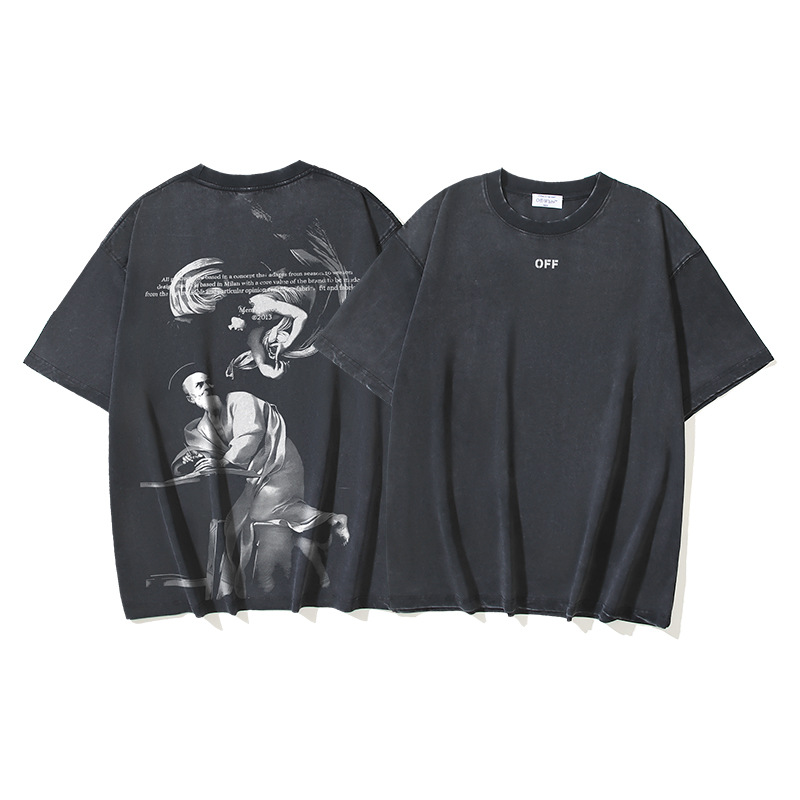 Verano nuevo OFF-WHITE lavado y desgastado doble hilo pesado ángel rojo anciano religioso estampado camiseta de manga corta hombre