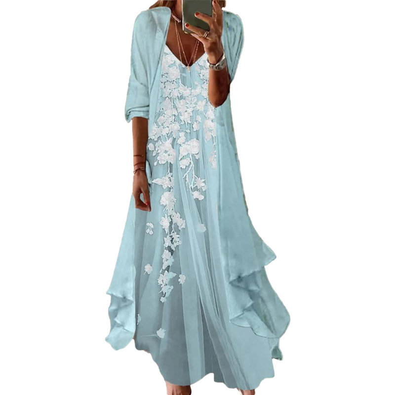 Cross-border 2022 new European and American summer women's printed holiday strap long skirt outer shirt two-piece set dress Women's
