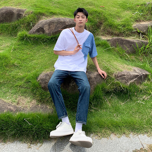 [Clearance Sale] Men's Short-Sleeve T-Shirt, Crew Neck, Summer Style, Korean-Style, Loose Fit, Unique Design, Minimalist Aesthetic, with Pocket Details, 100% Cotton