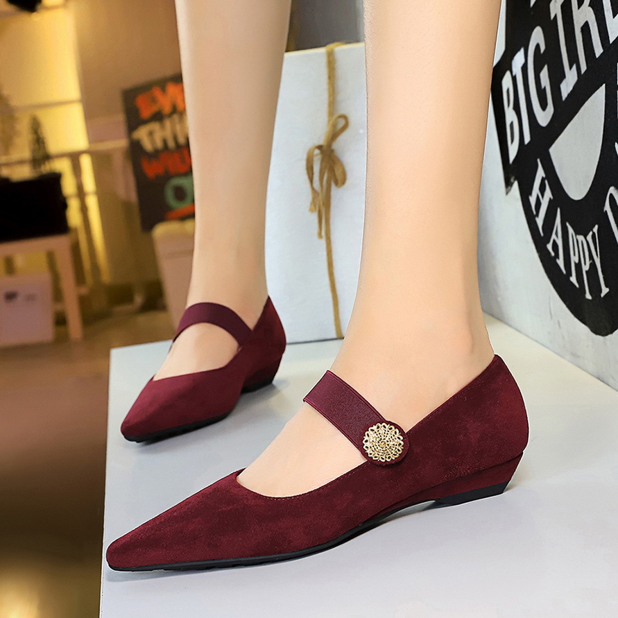 3683-2K92 Korean Style Low Heel Wedge Versatile Suede Shallow Mouth Metal Decoration Elastic Single Strap Women's Shoes_vogvips.com