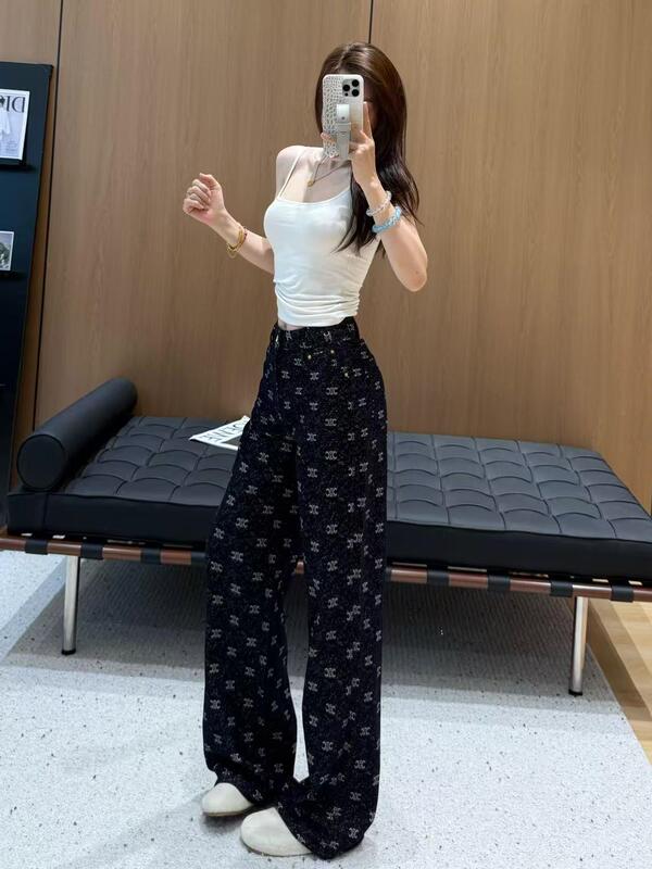老钱风显气质满印设计感牛仔裤南油高定遮肉显瘦阔腿裤女秋直筒裤|undefined