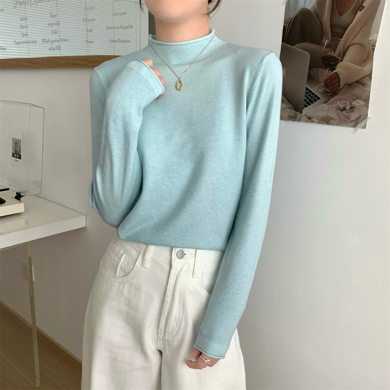 韩版基础款圆领卷边针织衫打底女早秋慵懒风毛衣长袖软糯内搭上衣|undefined