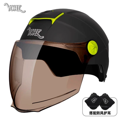 Half Helmet – Motosiklet dəbilqələri - one-size-fits-all-dk2-3c-matte-black-long-light-tea-mirror-with-ear-protection