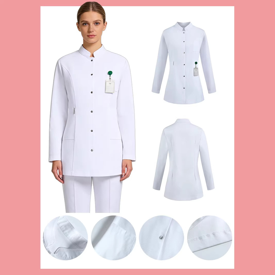 European and American Style Long-Sleeved Slim-Fit Nurse Uniforms, Dental Clinic Medical Workwear, Beautician Stand-Collar White Coats, Wholesale Workwear