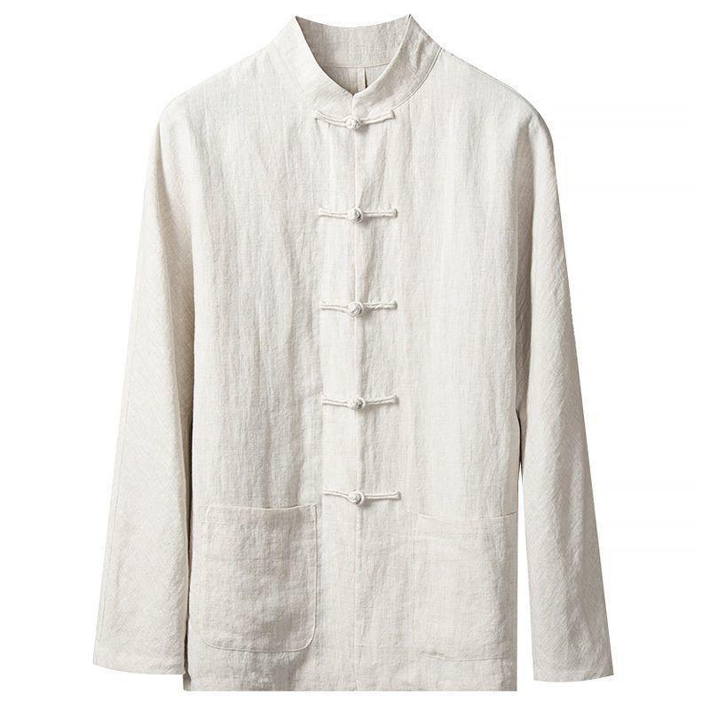 Primavera y otoño Nuevo estilo chino retro para hombres Camisa de lino de estilo chino Camisa de manga larga con hebilla de algodón y lino para hombres con cuello alto Traje Tang
