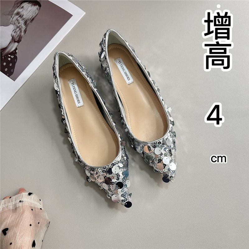 人鱼姬增高5公分尖头浅口闪片清冷感单鞋气质银色韩版礼服女鞋