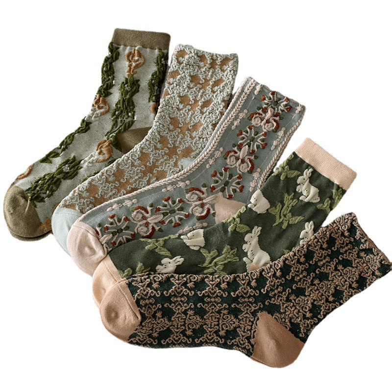 Calcetines de algodón de marca de la ciudad de Liaoyuan calcetines de media pantorrilla jacquard tridimensional calcetines de primavera y otoño medias de estilo Harajuku de las mujeres moda retro gruesa