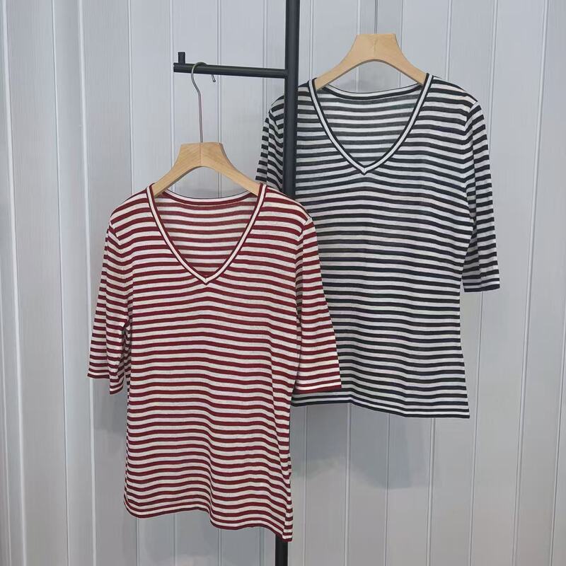 Max26 New Linen Blend Striped Short-Sleeve T-Shirt for Women, Loose Casual Versatile V-Neck Slimming Top Summer T-Shirt