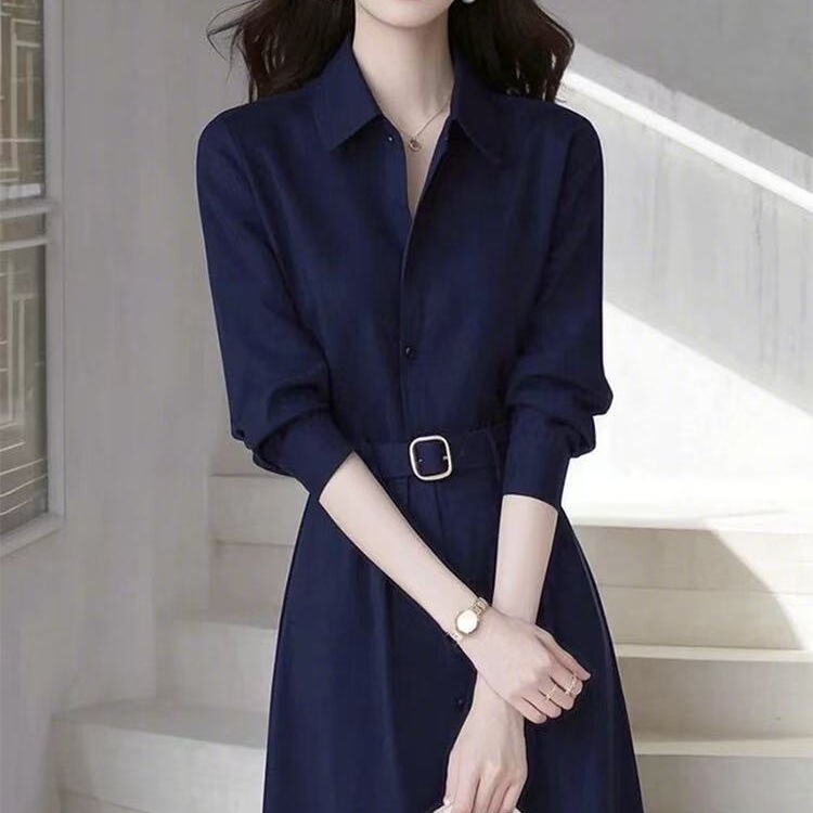 Spring French Style Elegant Lady Goddess Style Light Luxury Formal Occasion Blue Shirt Dress