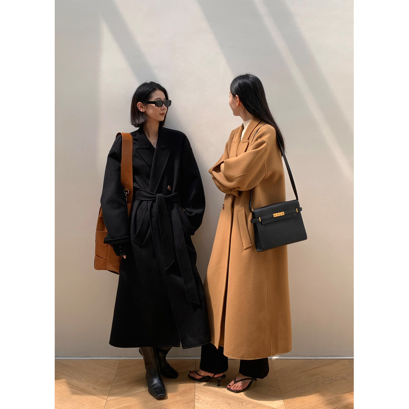 周淼ZHOUMIAO荃澳毛双面呢大衣女秋冬双排扣宽松过膝廓形毛呢外套|undefined