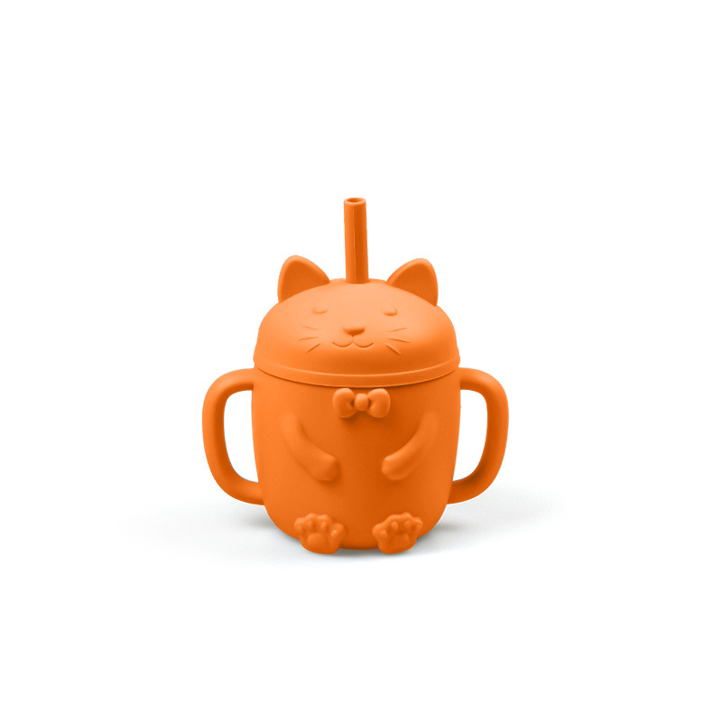 Cross-Border New Baby Cat Cup de silicona BPA GRATIS suplemento alimenticio taza de paja taza de bebida resistente a la caída gato de dibujos animados