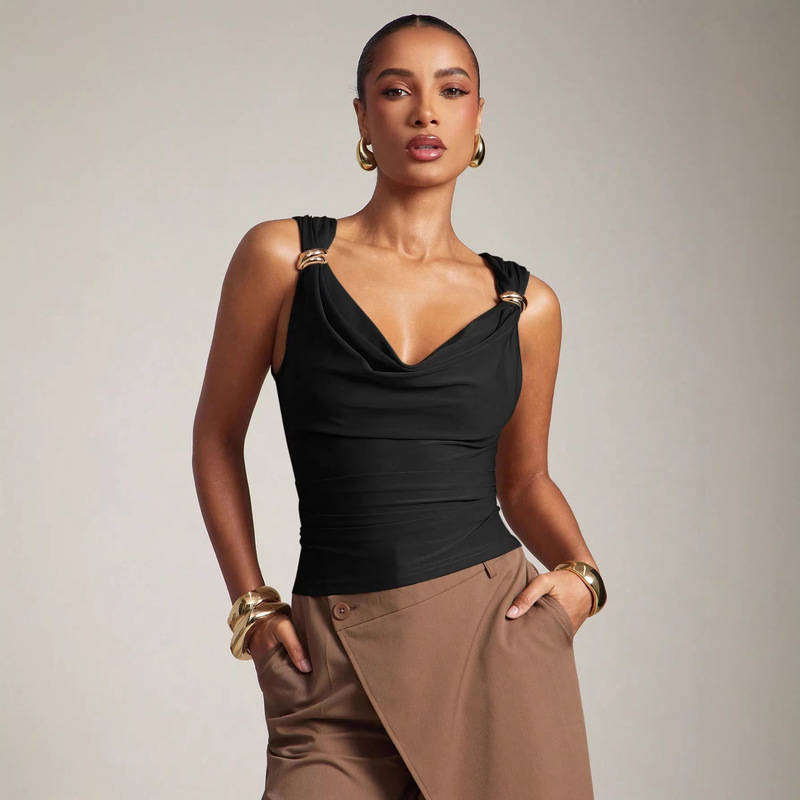2026 Summer New Style European and American High-End Metal Buckle Swing Collar Vest for Women, Slim Fit, Side Pleated Sleeveless Top for Women 2026 Summer New Style European and American High-End Metal Buckle Swing Collar Vest for Women, Slim Fit, Side Pleated Sleeveless Top for Women