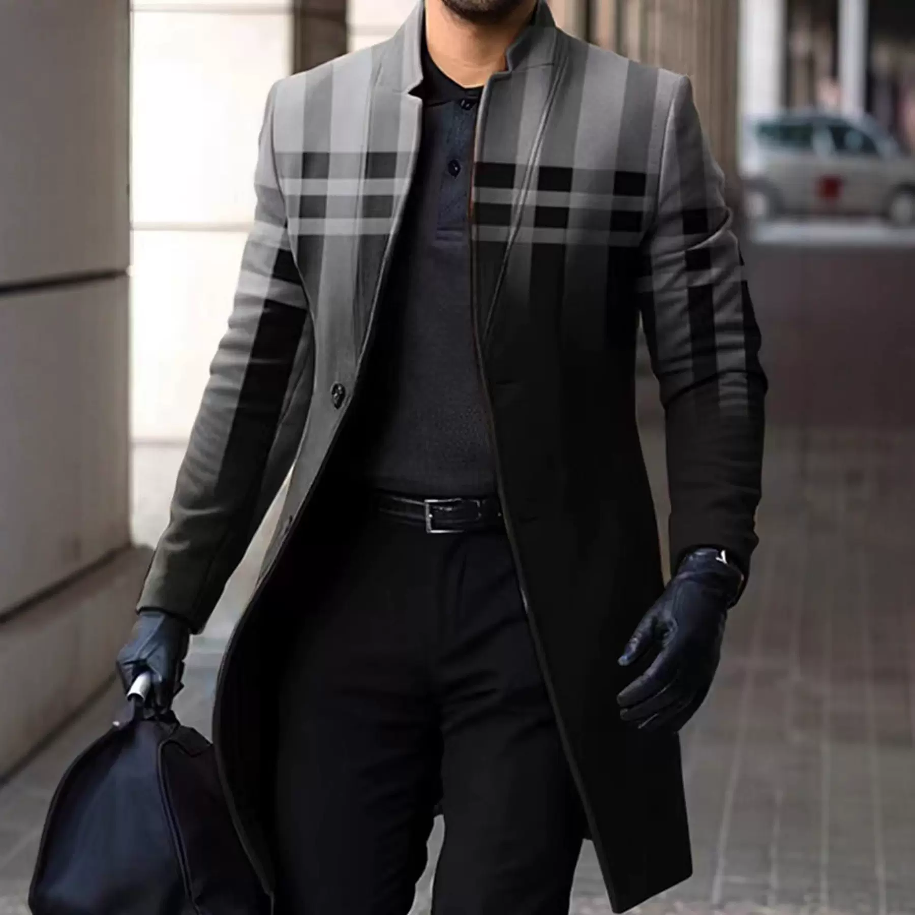 2024欧美外贸跨境男式大衣秋冬新款毛呢立领中长款印花休闲大衣