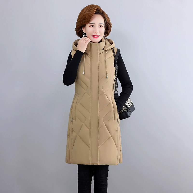 Женский осенне-зимний жилет из хлопка для женщин среднего и пожилого возраста, женское хлопковое пальто средней длины, съемная шапка, жилет для матери 40 лет 50 лет