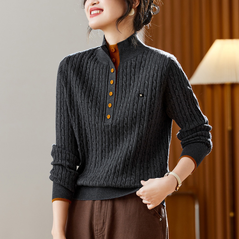 Cotton Cocoon Design Color-Blocking Half-Zip Pullover Knit Sweater for Women, Long-Sleeve, 2026 Autumn/Winter New Striped Sweater
