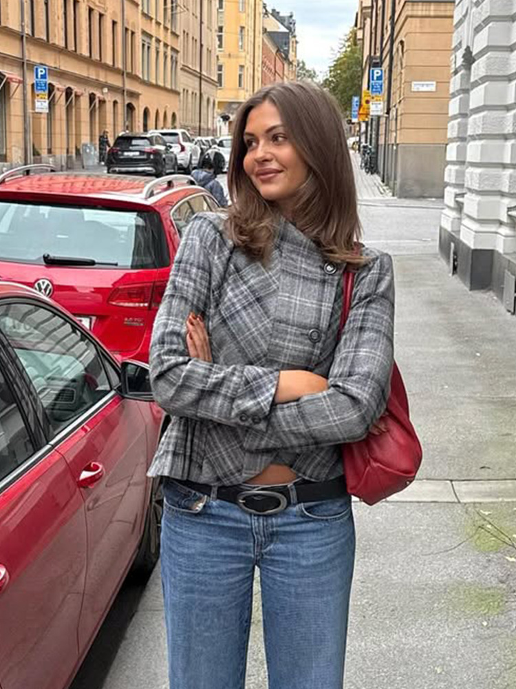 Abrigo Corto de Lana con Estampado a Cuadros Poliéster Térmico para Otoño e Invierno