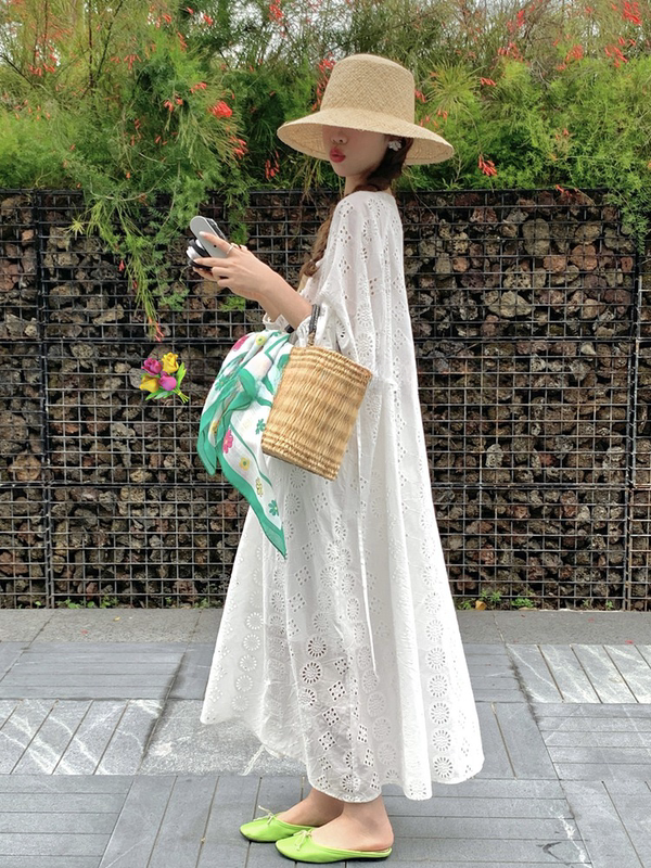 Heavy Embroidered Cut Out White Dress for Women French Pastoral Style Seaside Vacation Beach Dress Lazy Style Long Skirt