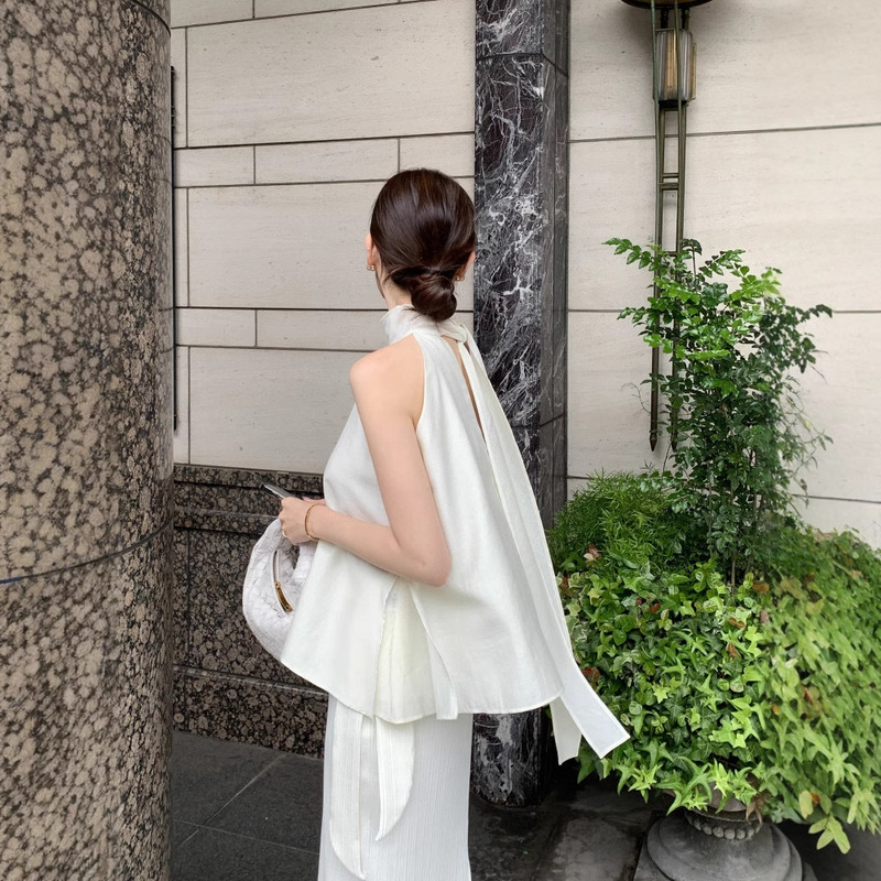 South Korea chic summer new French elegant stand collar backless ribbon design lace-up shirt women's vest top South Korea chic summer new French elegant stand collar backless ribbon design lace-up shirt women's vest top