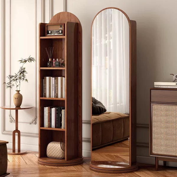 Rotating Bookshelf Full-Length Mirror Floor-To-Ceiling Mirror Storage Rack Integrated Bookcase Home Dressing Mirror Storage Cabinet Fitting Mirror