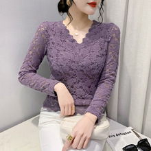 秋冬加绒加厚性感V领网纱蕾丝衫女长袖修身内搭打底衫洋气上衣
