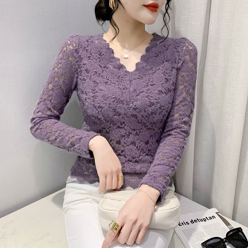 宁欣意加绒加厚性感V领网纱蕾丝衫女长袖修身内搭打底衫洋气上衣