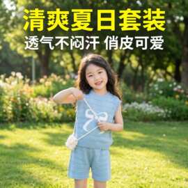夏季新款女童童装无袖背心短裤时尚透气蝴蝶结镂空可爱两件套套装