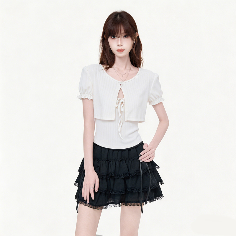 Sweet and Stylish Girl's Outfit with a Small Cape Design, Short-Sleeve Cardigan for Women, 2026 Summer White Top Two-Piece Set Sweet and Stylish Girl's Outfit with a Small Cape Design, Short-Sleeve Cardigan for Women, 2026 Summer White Top Two-Piece Set