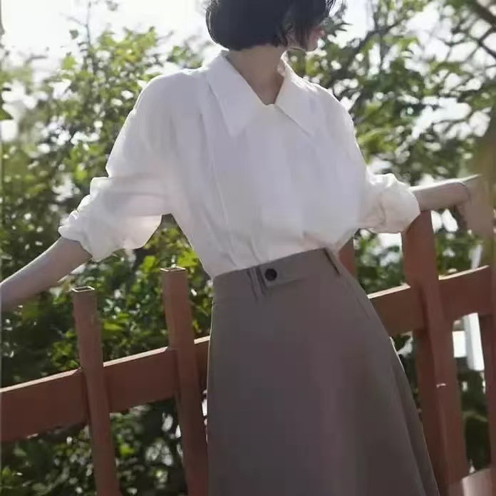 法式复古娃娃领 蓝色衬衫女衬衣白色长袖休闲通勤春秋款宽松上衣|undefined