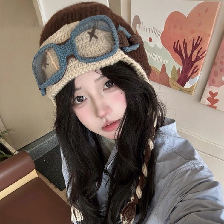 秋冬季针织帽女2025新款美式复古薄款大头围包头飞行帽护耳帽|undefined