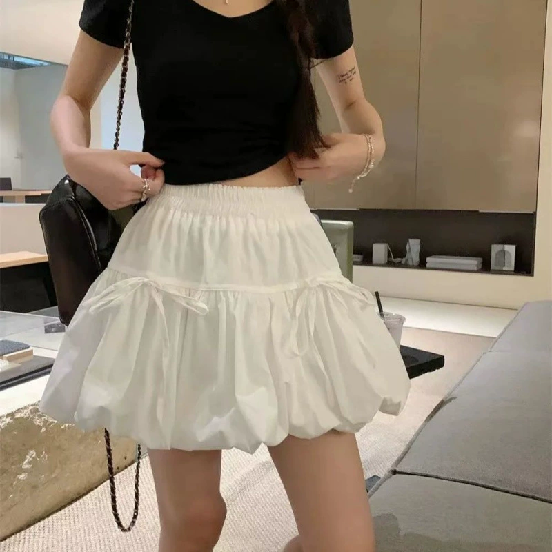 2025 белая юбка новая высокая летняя юбка-кейк с кружевной завязкой и бантом, юбка-бутон с защитой от сквозняков