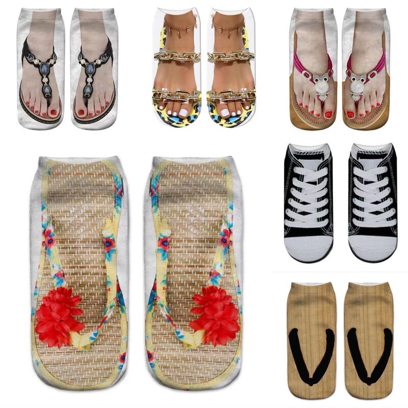 New 3D Printed Socks Flip Flops Nail Art Socks Shake Voice Internet Popular Same Style AliExpress Funny Short Socks Canvas Shoes for Girls