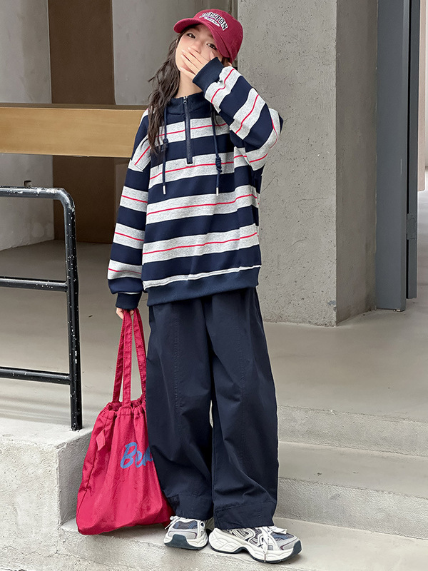 女童秋季套装2025新款女大童洋气条纹爆款卫衣儿童百搭阔腿裤秋装|undefined