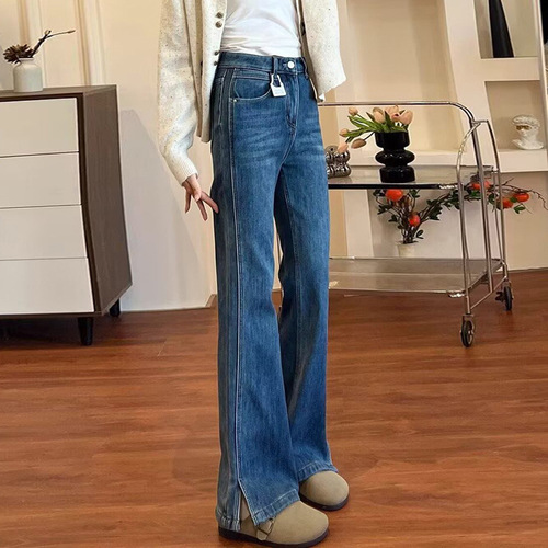 Blue ripped wide-leg micro-denim jeans for women, new spring and autumn style, stretch straight-leg non-tight bell-bottom pants for plus-size MM.