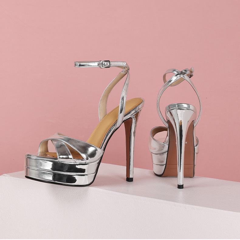 Sandal cao gót nữ hở mũi gót nhọn 12 cm đế platform 4 cm da thật — Màu vàng chi tiết 3