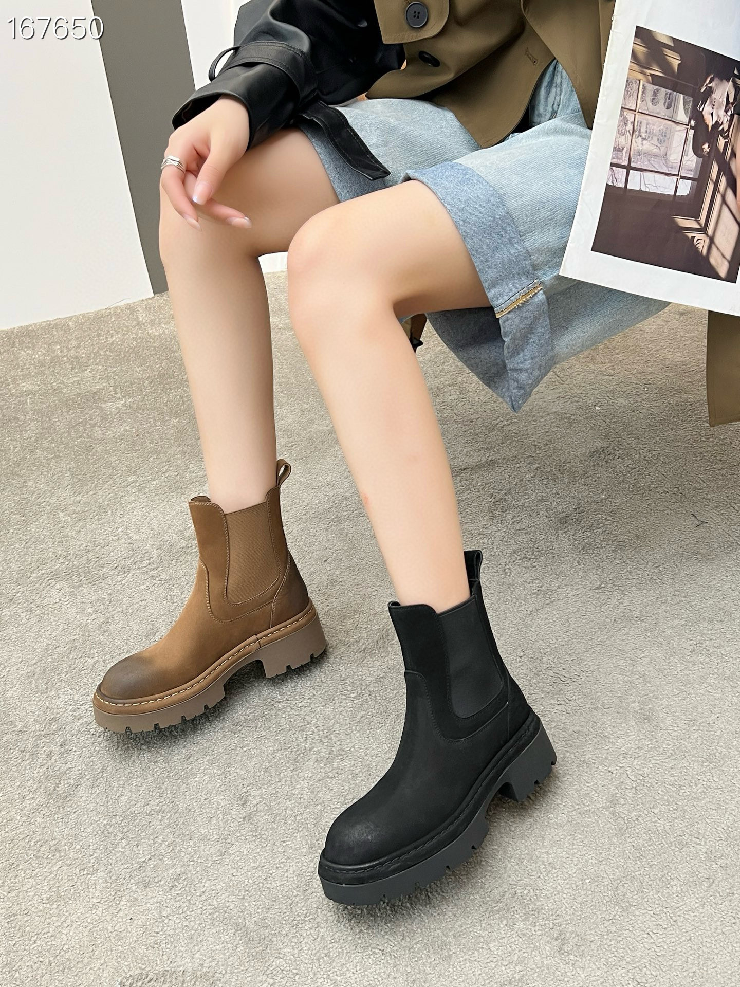 Boot nữ da bò cổ thấp đế xuồng dày khóa kéo bên — Màu đen, Màu Kaki chi tiết 5