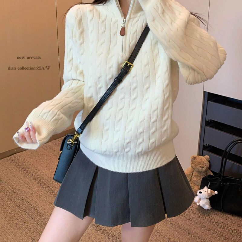 Autumn and Winter New Retro Twist Knit Half-Zip Stand Collar Sweater for Women, Ins-Style Lazy Style Soft Slim-Fit Knit Top