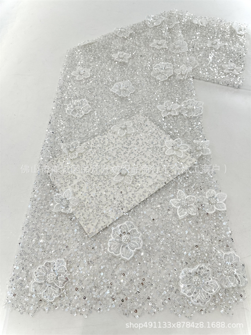 Moda full sequinilla tubo de perlas bordado tela de encaje estereoscópico mano calcomanías tela de vestido de boda alta fijación