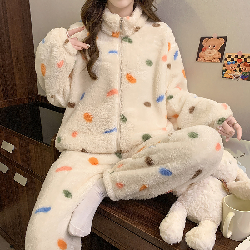 가을 겨울 봉제 지퍼 기모 두꺼운 잠옷 여성용 폴카 도트 산호 양털 홈 옷 세트 외장 착용