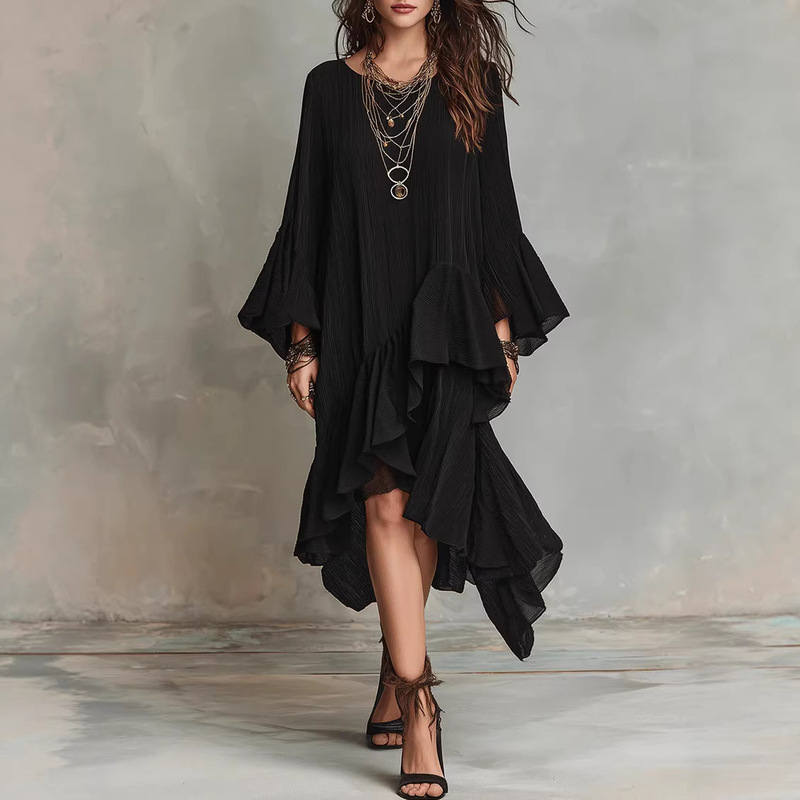 2026 European and American New Style Foreign Trade Amazon Independent Site Spring and Summer Elegant Asymmetrical Ruffled Black Dress 2026 European and American New Style Foreign Trade Amazon Independent Site Spring and Summer Elegant Asymmetrical Ruffled Black Dress
