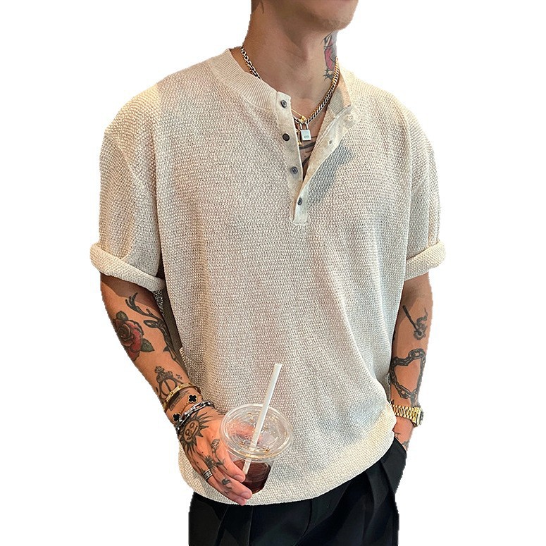 Camiseta de mangas cortas de punto hombre Henry cuello medio abierto viejo estilo de negocio hielo seda fábrica transfronteriza al por mayor