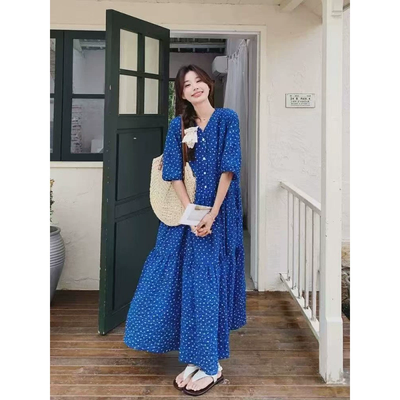 Платье для женщин больших размеров в ретро стиле с синими горошками, V-образным вырезом, свободное, скрывающее фигуру, с принтом, длинная юбка, новинка лета 2025