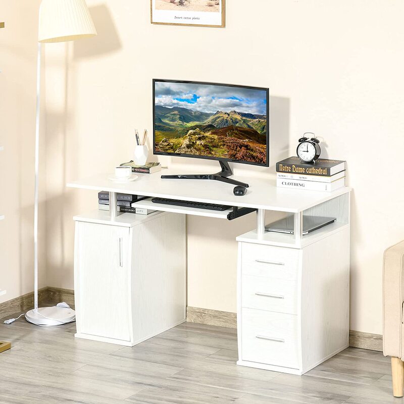Home Office Desk White Computer Desk with Keyboard Tray Storage Drawer with Storage Shelves Student Writing Desk