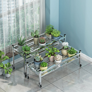 Stainless Steel Flower Rack with Wheels Widened Single Layer Space-saving Household Balcony Storage Rack Outdoor Movable Basin Shelf