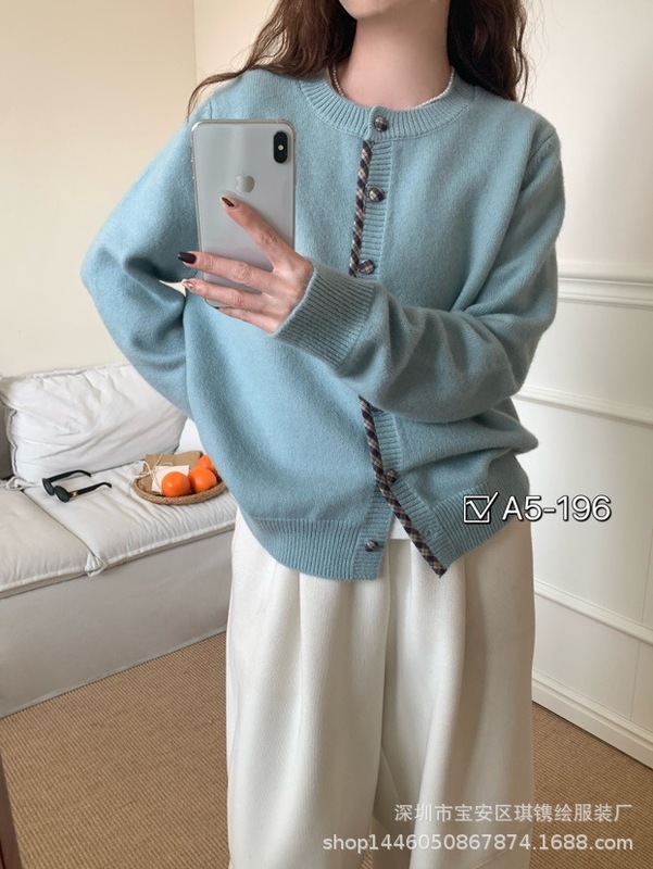 琪镌绘制韩系圆领毛衣开衫外套女春秋设计感软糯宽松针织上衣196|undefined