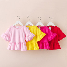 韩版儿童装春夏新款女童大红色喇叭中袖上衣T恤厂家直销一件代发