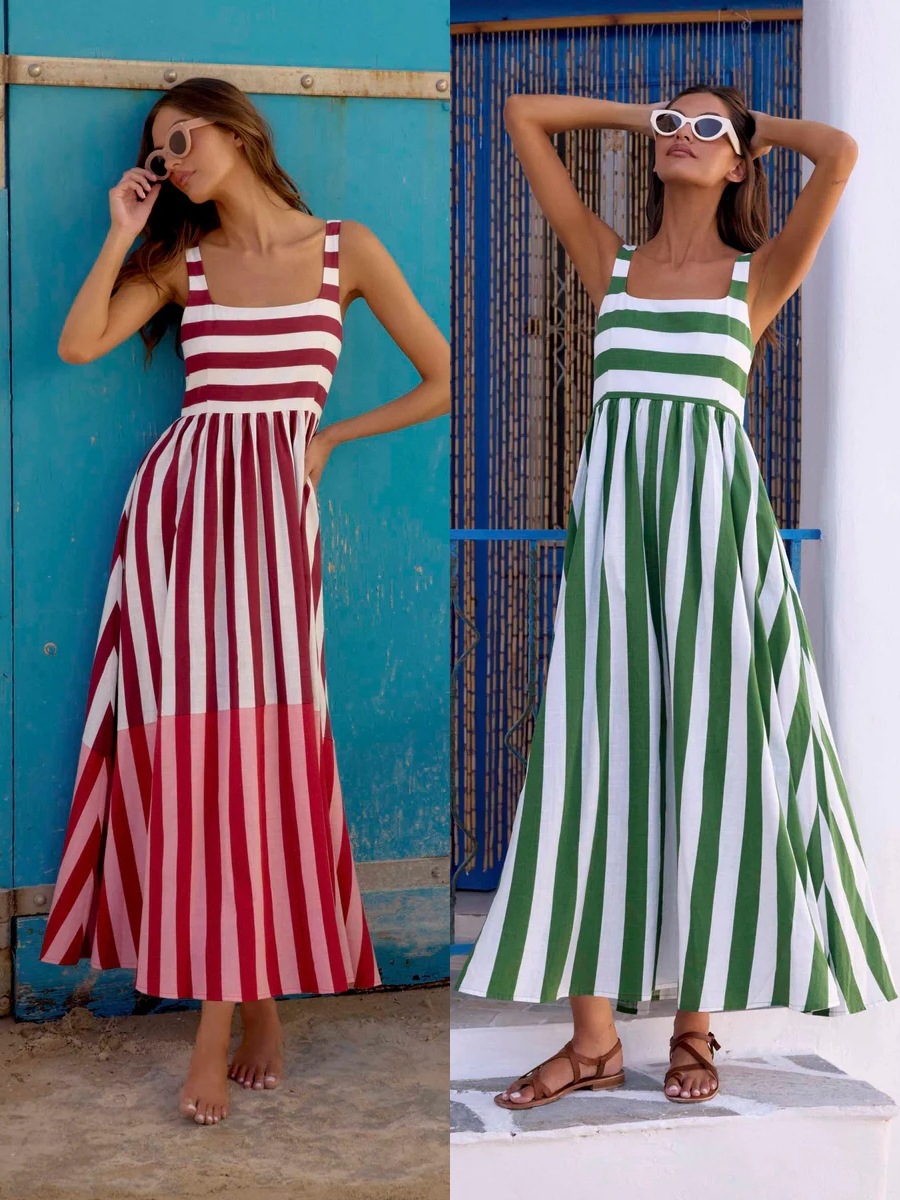 2026 European and American Cross-Border Amazon New Dress, Striped Print Square Neck Flared French Resort Style Long Dress
