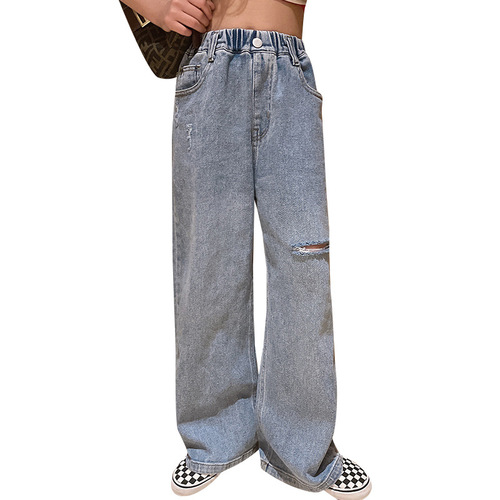 Orange Tiger 2024 Korean version spring and autumn style medium and large children's girls' fashionable little girls' denim floor mopping pants foreign trade children's