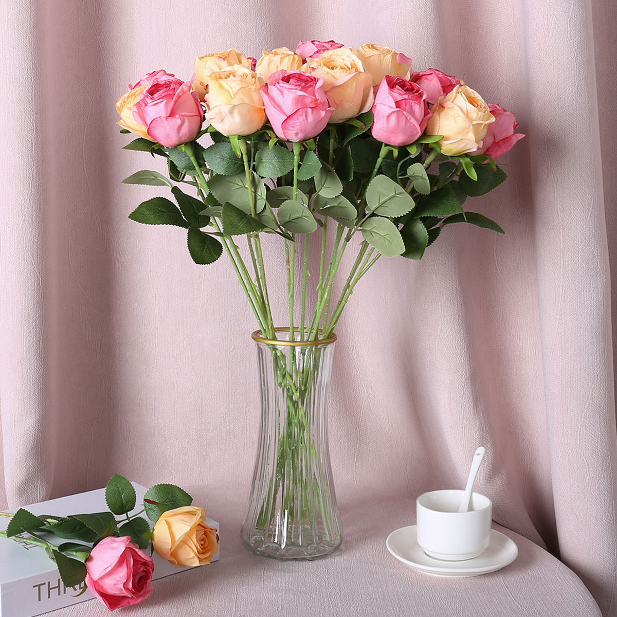 Simulación retro Rosas redondas al horno de una sola rama Accesorios de fotografía Boda Muebles para el hogar Decoración floral Simulación Rosas de borde quemado